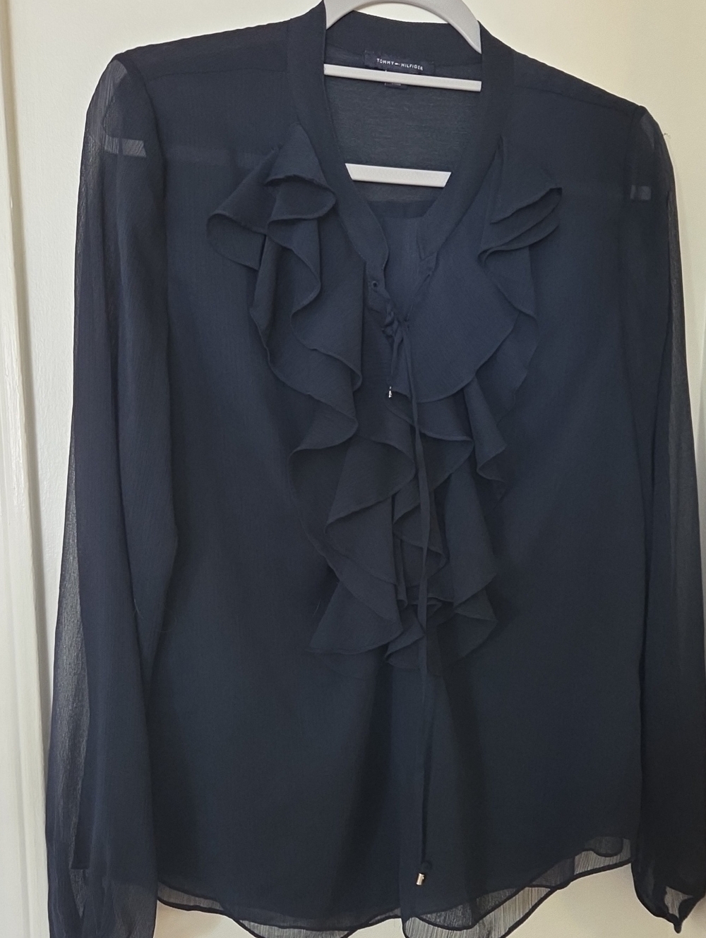 Tommy Hilfiger Navy Ruffle Front Sheer Long-Sleeve Blouse